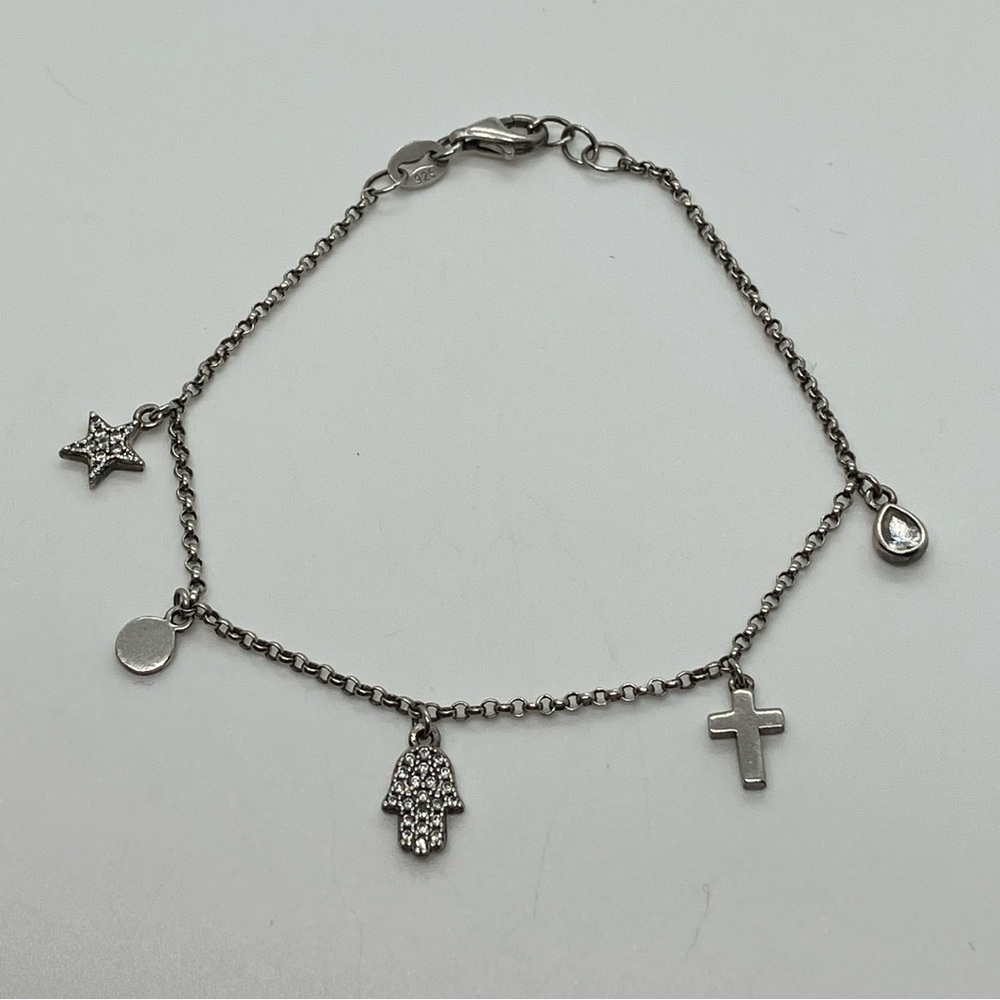 Vtg 925 Sterling Silver & Cz Hamsa Cross Star Teardrop Charm Bracelet | 6.5” L